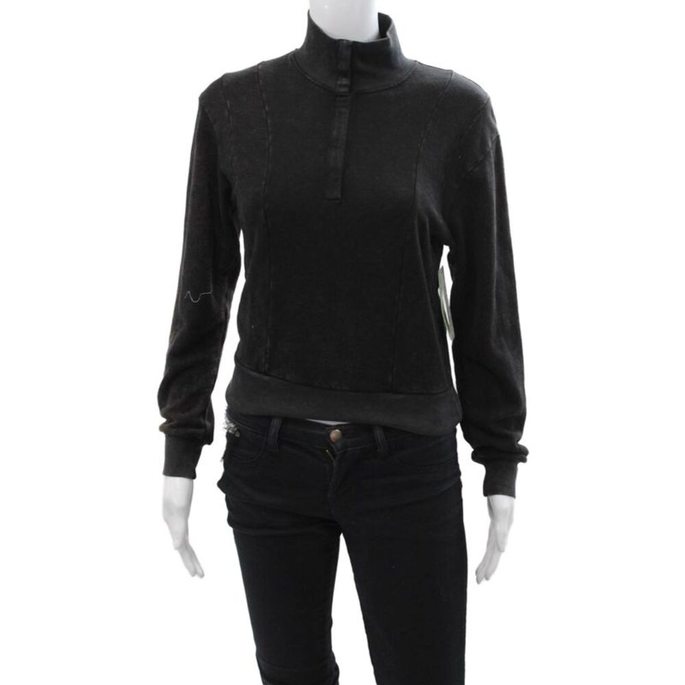 Nux Women Henley Sweatshirt Black Mock Neck Long Sleeve Size XS